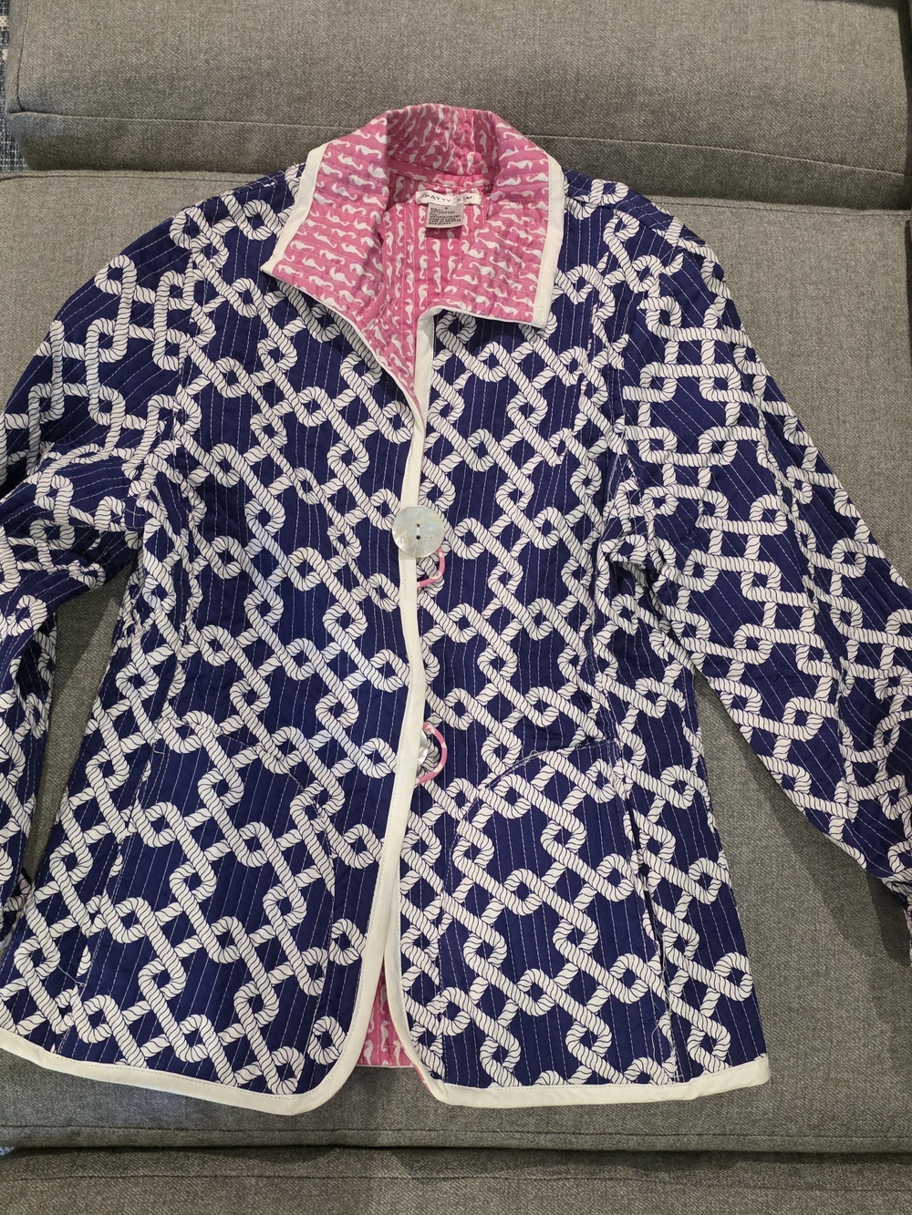 Patty Kim Reversible  Navy Rope-Print Quilted Jacket with Pink And White Lining